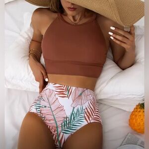 High Neck Rust Brown Swim Top with Tropical High-Waist Bottoms